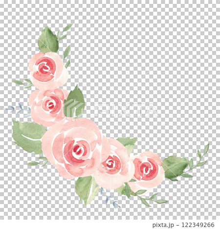 Pink Roses floral Composition from Flowers, leaves and Branches. Simple painting isolated on a white background. Love and Romantic illustration for cards, invitations and prints for Wedding, Birthday 122349266