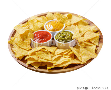 plate of mexican nachos chips with guacamole, salsa and cheese dip on white background plate of mexican nachos chips with guacamole, salsa and cheese dip on white background 122349273