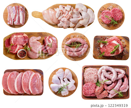 set of various fresh meat and chicken on wooden boards isolated on white background set of various fresh meat and chicken on wooden boards isolated on white background 122349319