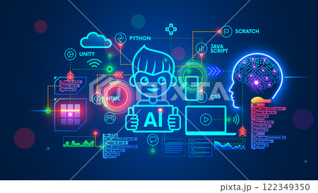 Kids online learning to coding, programming, prompt of neural network. Artificial intelligence or AI learning in internet for children. Child learns to work with neural networks on computer. 122349350