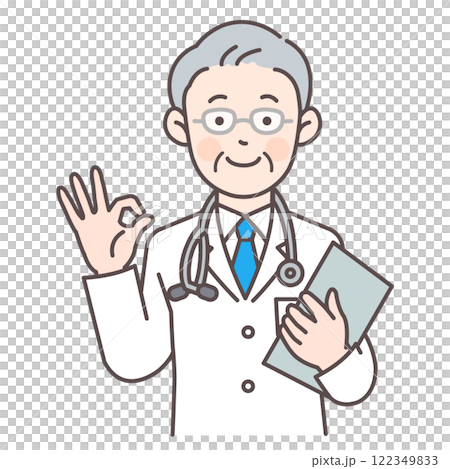 Senior male doctor giving OK sign_medical record available 122349833