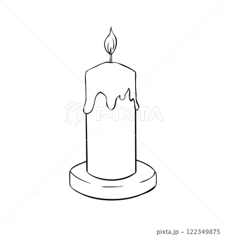 Vector Candle in the candlestick. Hand drawn outline illustration with wax candlelight with flame Christmas or birthday design . Linear home decor Cozy object for aromatherapy in black and white Vector Candle in the candlestick. Hand drawn outline illustration with wax candlelight with flame Christmas or birthday design . Linear home decor Cozy object for aromatherapy in black and white 122349875
