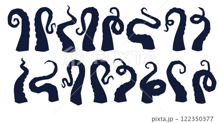 Octopus tentacle silhouette set. Marine monster black element. Kraken legs, gigantic fish, Cthulhu squid, decorative collection. Seafood stickers, animals mascot. Vector isolated illustration 122350377