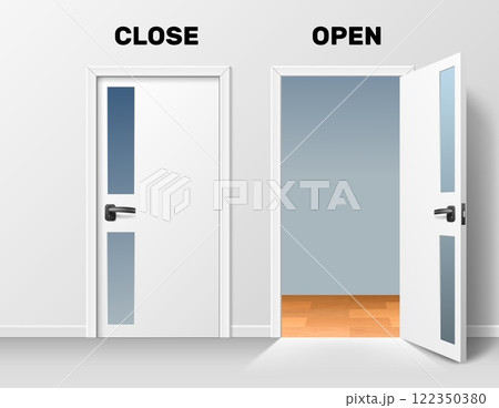 Open and closed door with inscription. Elegant modern white entrance with glass, black handles, office or home exit. Stop or welcome. Realistic isolated interior elements. Vector concept 122350380