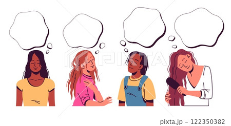 People dream. Happy women with closed eyes thinking, empty cloud for thoughts. Daydreaming female persons. Cartoon flat style isolated illustration. Vector Imagination and inspiration set 122350382