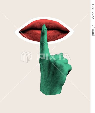Contemporary art collage. Green hand with finger raised to red lips against beige background, suggesting silence or secrecy. 122350384
