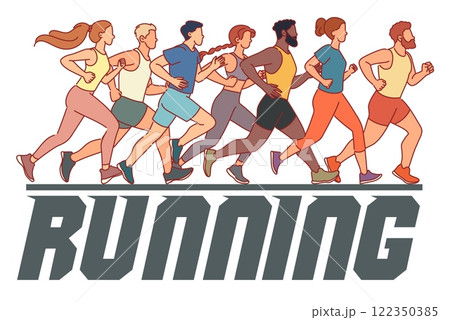 People involved sports running. Banner design. Men and women in sport uniform. Runners characters in sportswear. Jogging competition. Cartoon isolated vector healthy lifestyle concept 122350385