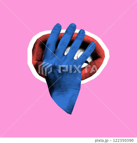 Surreal art collage. Blue hand covering red lips against pink background, symbolizing suppression of speech or forced silence. 122350390