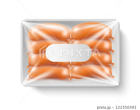 Plastic wrapped wieners. Tray for meat product. Vacuum container for sausages and salami. Lunch or dinner in package for supermarket. Realistic isolated element 3d. Vector food package concept Plastic wrapped wieners. Tray for meat product. Vacuum container for sausages and salami. Lunch or dinner in package for supermarket. Realistic isolated element 3d. Vector food package concept 122350391