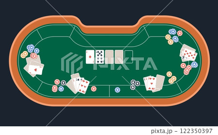 Poker table top view. Cards, bets and chips. Casino gambling composition. Fortune, risk game. Internet casino decorative image for web site. Cartoon flat style isolated vector concept 122350397