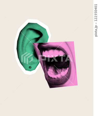 Conceptual art design. Green ear paired with pink mouth wide open, portraying imbalance in listening and speaking. Conceptual art design. Green ear paired with pink mouth wide open, portraying imbalance in listening and speaking. 122350401