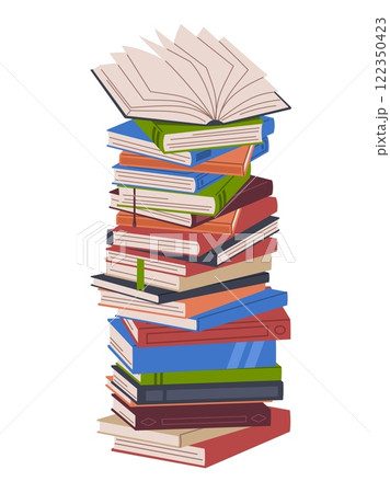 Stack different books. Dictionary, encyclopedia and notebook. Colorful covers. knowledge symbol, library or bookstore elements. Fiction and science literature. Cartoon flat vector concept Stack different books. Dictionary, encyclopedia and notebook. Colorful covers. knowledge symbol, library or bookstore elements. Fiction and science literature. Cartoon flat vector concept 122350423