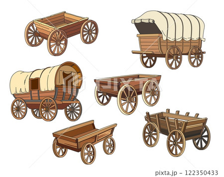 Wooden retro carts. Vintage cowboy wagons, old wild west chariots, carriages with tents and big wheels, farming, garden vehicles, historical transport cartoon flat isolated vector set 122350433