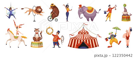 Cartoon circus animals and artists. Funny chapiteau characters, tent show, entertainment performance, trainers and acrobats, funny clown, animals show, tidy vector set 122350442
