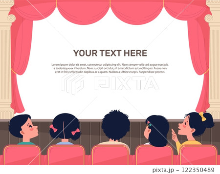 Children look up stage. Happy kids in theatre or cinema. Young audience on performance. Entertainment show for kids. Empty space for text. Cartoon flat style isolated vector concept 122350489
