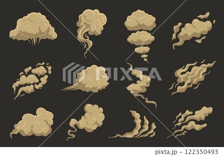 Desert dust clouds. Cartoon smoke explosions, brown sandy winds, dirt steam effects, gas in air, different motion shapes, poof, comic flat style isolated nowaday vector sandstorm set Desert dust clouds. Cartoon smoke explosions, brown sandy winds, dirt steam effects, gas in air, different motion shapes, poof, comic flat style isolated nowaday vector sandstorm set 122350493