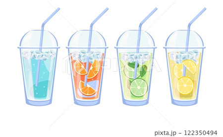 Drinks with fruit and ice. Water with oranges, limes and lemons. Antioxidant detox beverage in takeaway plastic glass. Healthy vitamin ingredients. Cartoon flat style isolated vector set 122350494