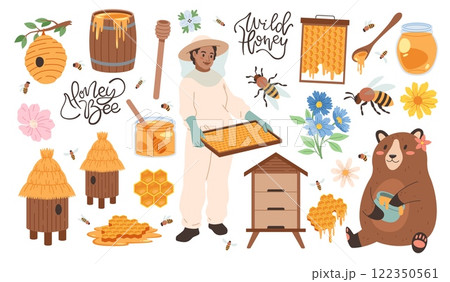 Honey products. Funny beekeeper, woman in protective suit, holds honeycomb, bees, beehives, flowers and bear, apiary icons, hand drawn lettering, cartoon flat isolated tidy vector set Honey products. Funny beekeeper, woman in protective suit, holds honeycomb, bees, beehives, flowers and bear, apiary icons, hand drawn lettering, cartoon flat isolated tidy vector set 122350561