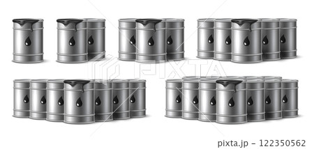 Metal oil drums. Realistic isolated hazard black liquid containers, label with droplet, different compositions, tank in storage or warehouse, machine diesel or car gasoline, 3d vector set Metal oil drums. Realistic isolated hazard black liquid containers, label with droplet, different compositions, tank in storage or warehouse, machine diesel or car gasoline, 3d vector set 122350562
