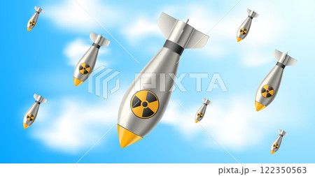 Nuclear bombs falling from sky. Mass defeat weapon flying. Realistic background. military attack, atomic rocket air bomb. Dangerous situation with nuke radiation. Vector 3d isolated concept Nuclear bombs falling from sky. Mass defeat weapon flying. Realistic background. military attack, atomic rocket air bomb. Dangerous situation with nuke radiation. Vector 3d isolated concept 122350563