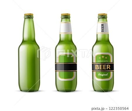 Realistic beer bottles. Green glass bottle, empty label. 3d container for alcoholic beverage. Brewery product. Premium quality lager. Cold drink, branding product mockup. Vector concept 122350564