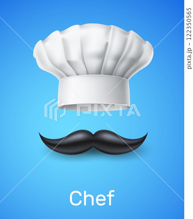Realistic chef hat and mustache. 3D isolated elements, cafe and restaurant poster, kitchen worker symbol, uniform hat, white textile headwear. Cooking cap. Culinary print. Vector concept 122350565