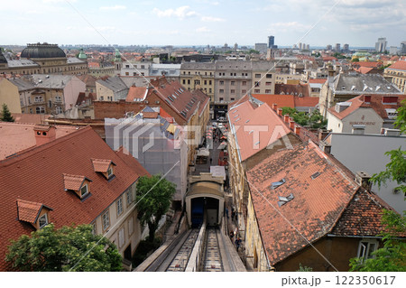 Historic lower town architecture rooftops and funicular connecting the Ilica Street with Strossmayer Promenade, Zagreb Croatia 122350617