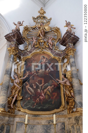 Madonna with child Jesus, St. Michael altar in the Neumunster Collegiate Church in Wurzburg, Germany 122350800
