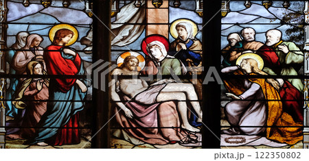 Pieta, stained glass window in Saint Severin church in Paris, France Pieta, stained glass window in Saint Severin church in Paris, France 122350802