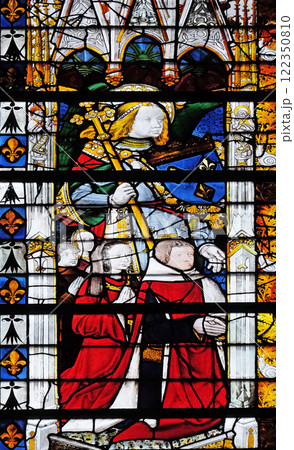 Saint Michael the Archangel, stained glass window in Saint Severin church in Paris, France 122350810