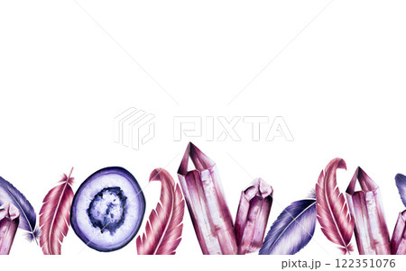 Seamless border, banner with gemstone Agate, diamond and amethyst slice crystal and feather. Hand drawn frame, watercolor illustrations. Minerals isolated on background. Clip art for designers, cards 122351076