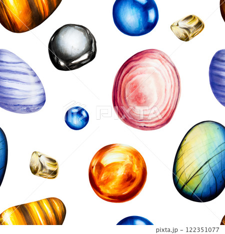 Seamless pattern with root and sacral, solar plexus, third eye, heart and crown chakras gemstone isolated illustrations. Watercolor hand drawn hematit, orange calcite and carnelian, Tiger's Eye Seamless pattern with root and sacral, solar plexus, third eye, heart and crown chakras gemstone isolated illustrations. Watercolor hand drawn hematit, orange calcite and carnelian, Tiger's Eye 122351077
