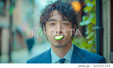 胡瓜のスライスを食べるスーツを着た若い男性 胡瓜のスライスを食べるスーツを着た若い男性 122351154