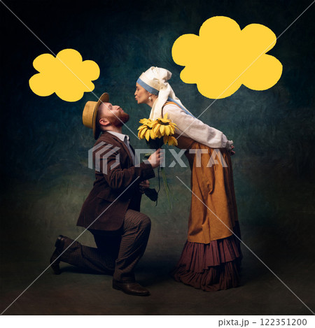 Couple in vintage-inspired outfits, young woman leaning forward to man kneeling with sunflowers and yellow speech bubbles for text. Couple in vintage-inspired outfits, young woman leaning forward to man kneeling with sunflowers and yellow speech bubbles for text. 122351200