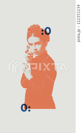 Elegant woman in vintage black dress, exuding drama and intensity, with a piercing expression, accented by orange and blue graphic elements. Elegant woman in vintage black dress, exuding drama and intensity, with a piercing expression, accented by orange and blue graphic elements. 122351234