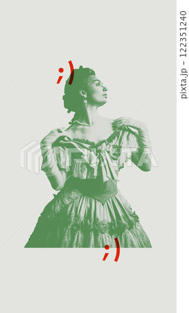 Medieval elegant woman, queen dressed in vintage dress, radiating elegance and grace, framed by green and red minimalist graphic elements. 122351240