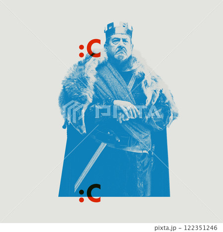 Medieval noble king adorned in fur-lines robe and crown, holding sword with serious expression with abstract graphic elements. Medieval noble king adorned in fur-lines robe and crown, holding sword with serious expression with abstract graphic elements. 122351246