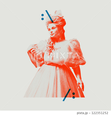 Elegant medieval woman, royal person in vintage dress with abstract graphic symbols meaning hesitation and thoughtful expression 122351252