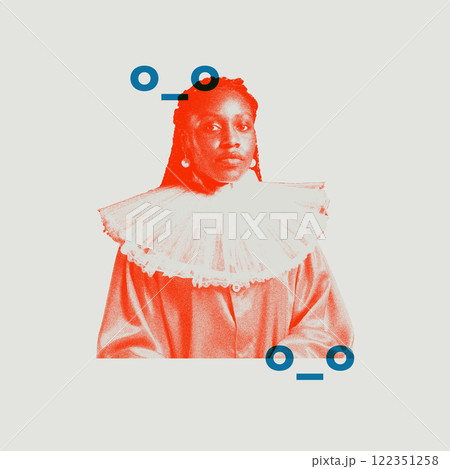 Medieval queen, woman in ruffled collar and historic attire, complemented by striking blue and red graphic elements. Conceptual design Medieval queen, woman in ruffled collar and historic attire, complemented by striking blue and red graphic elements. Conceptual design 122351258