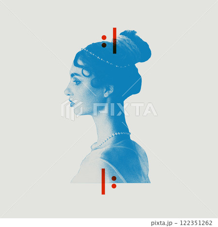 Side view portrait of elegant young woman, medieval princess wearing pearls and retro-inspired attire. Abstract symbols meaning dissatisfaction, annoyance Side view portrait of elegant young woman, medieval princess wearing pearls and retro-inspired attire. Abstract symbols meaning dissatisfaction, annoyance 122351262