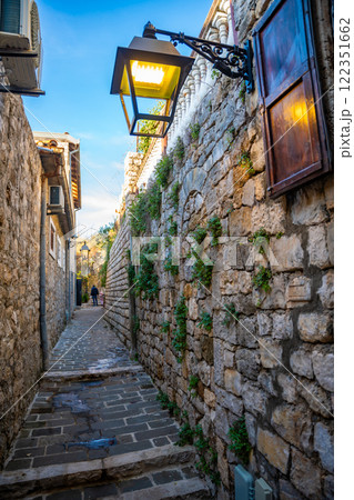 Narrow street in Ulcinj Old Town in Montenegro, the southernmost city at Montenegrin coast, Europe 122351662