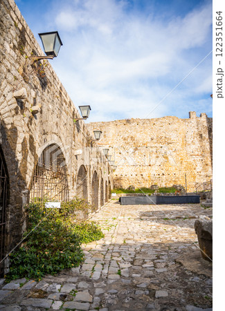 Street view of the Archaeological Museum or Local History Museum in Ulcinj Old Town or Stari Grad in Ulcinj, Montenegro.  122351664