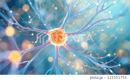 ニューロンなどの神経細胞が脳内のネットワークで情報を伝達しているイメージの3Dイラスト  医療系素材 122351755