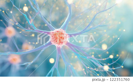 ニューロンなどの神経細胞が脳内のネットワークで情報を伝達しているイメージの3Dイラスト  医療系素材 122351760
