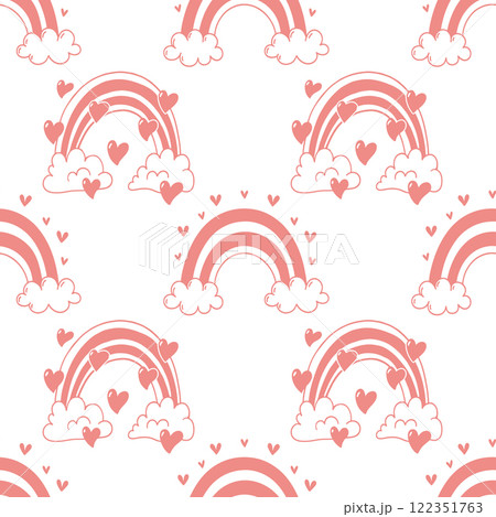 Seamless pattern with pink rainbows with clouds and hearts. Cute pastel background, hand-drawn illustration. 122351763