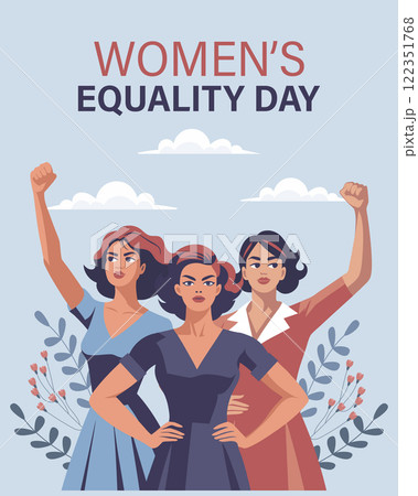 Equality Day card. Empowered women with flowers and raised hands in protest. Banner, poster 122351768