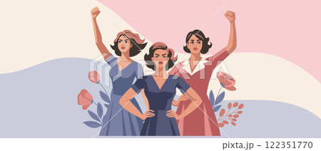 Young women with poppies flowers and raised hands in protest. Postcard for women's day, equality day. Banner, illustration Young women with poppies flowers and raised hands in protest. Postcard for women's day, equality day. Banner, illustration 122351770