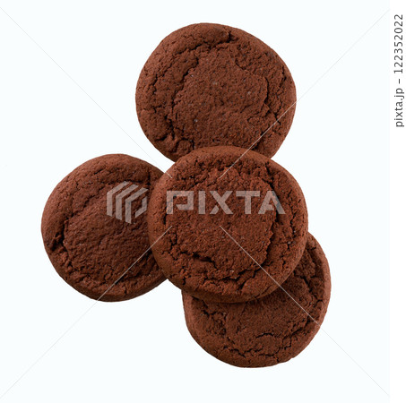 Chocolate cookies isolated, top view. Round chocolate cookies isolated on a white background, top view. Chocolate cookies isolated, top view. Round chocolate cookies isolated on a white background, top view. 122352022
