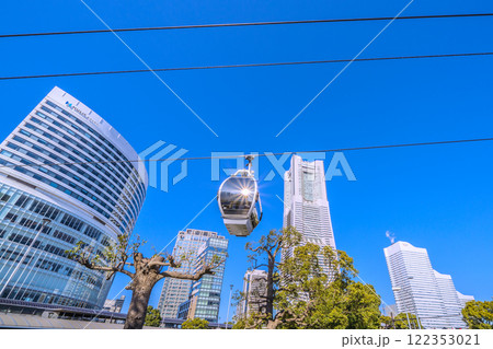 日本の横浜都市景観 伐採された街路樹や横浜エアキャビン、ランドマークタワーなどを望む＝1月22日 122353021