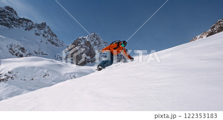Freeze Motion of Running Snowboarder in Fresh Powder Snow. Austria Alps, Europe. 122353183